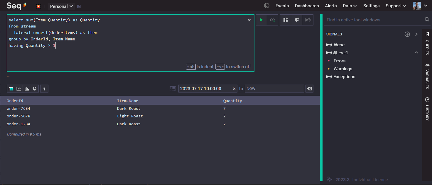 Seq 2023.3 showing query with lateral unnest clause.