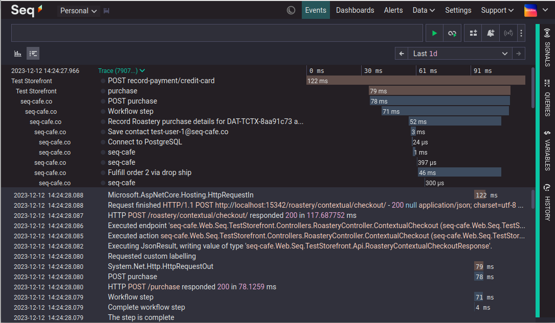 The Seq Events screen, split horizontally into two portions. The upper half shows a trace as a Gantt chart, with spans describing steps within a coffee order fulfillment process. The lower half shows log events and spans in a single list of events.